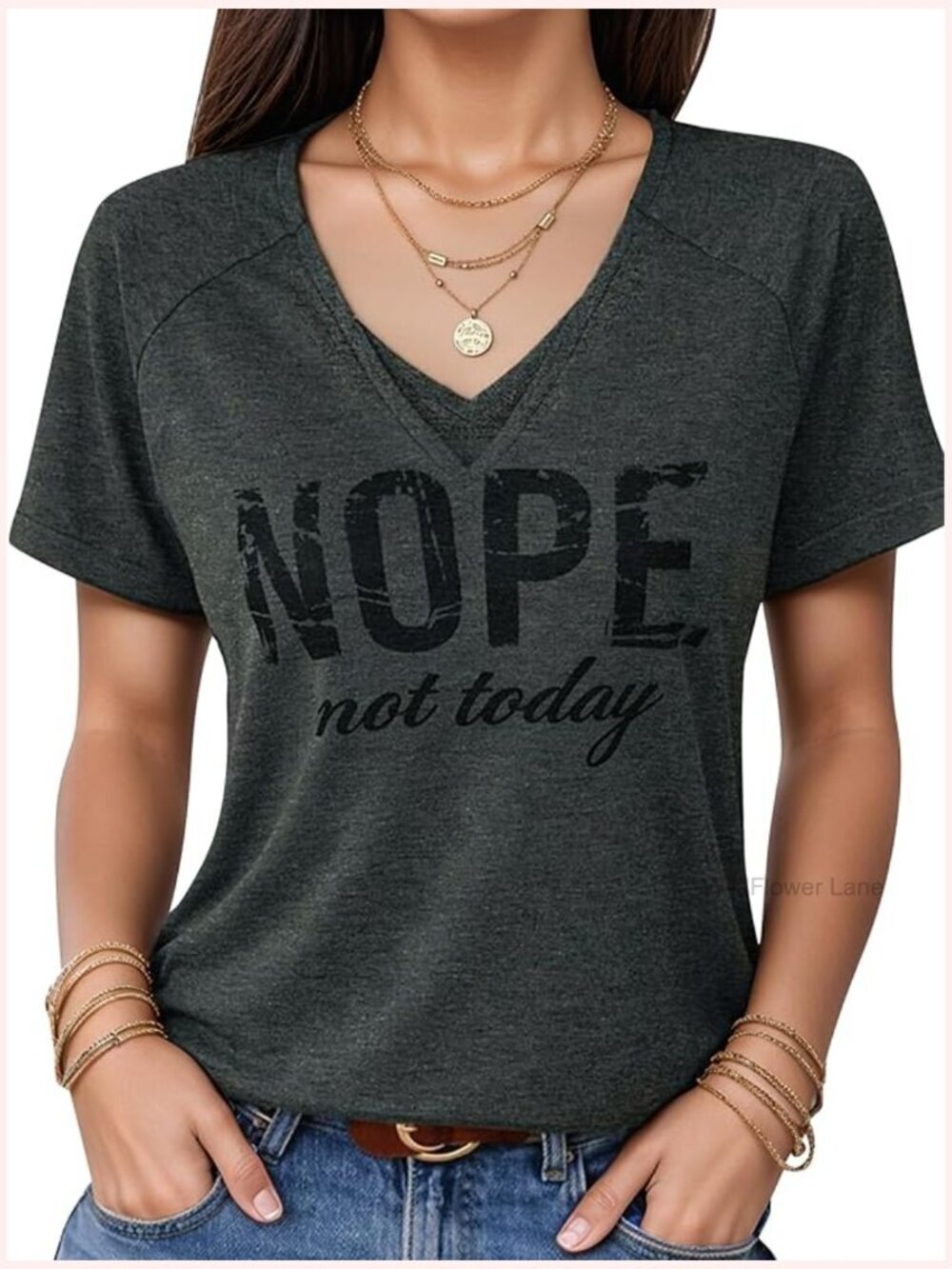 V-Neck Letter Print Short Sleeve T-Shirt Summer Top